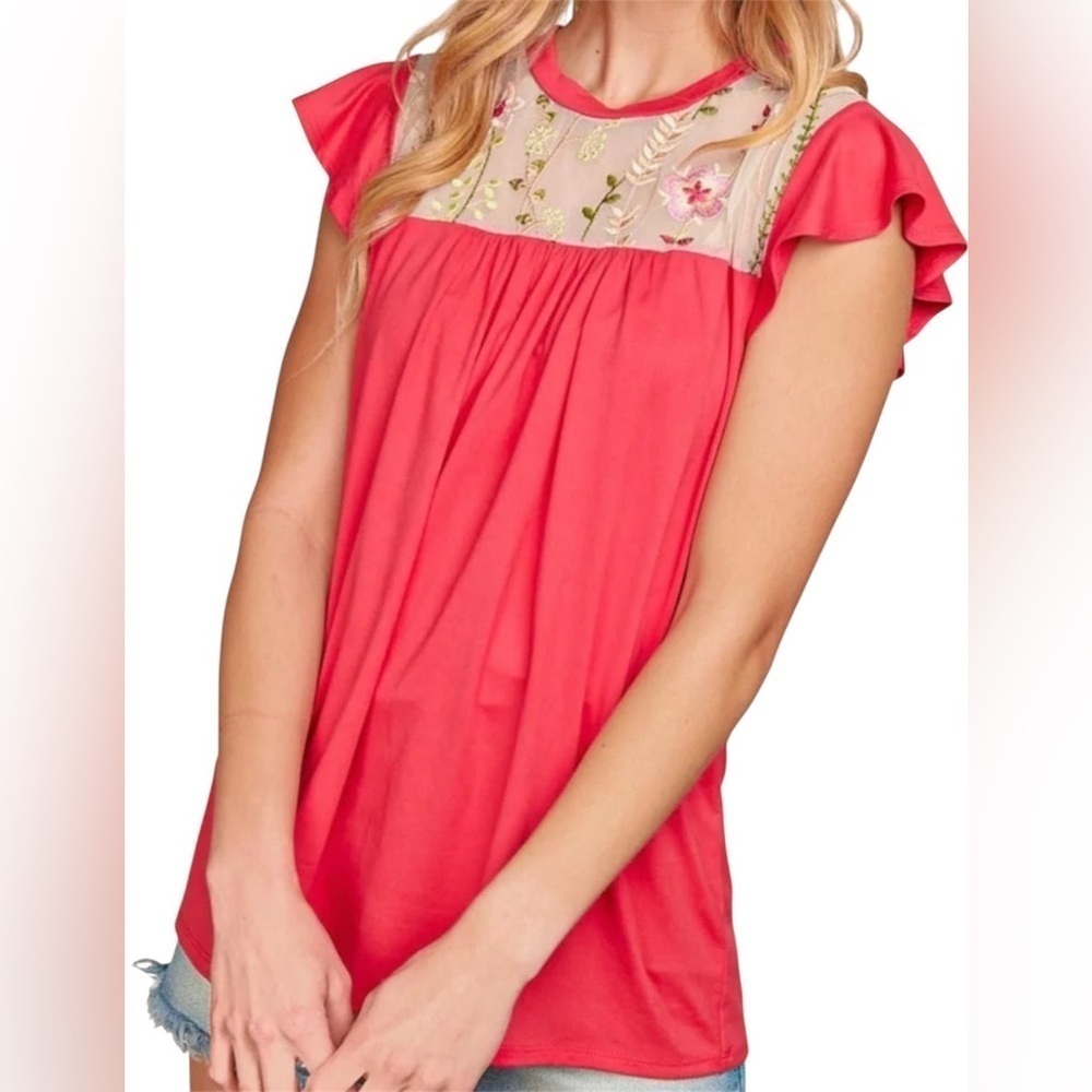 Pink Floral Embroidered Yoke Top